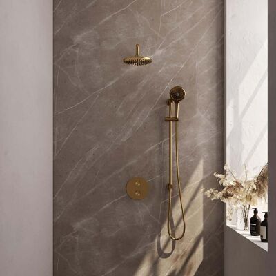 Brauer Gold Edition Thermostatische Regendoucheset Inbouw - Hoofddouche 20 cm - Gebogen Wandarm - 3 Weg - Handdouche Rond 3 Standen - Doucheslang - Geintegreerde Glijstang - Geborsteld Goud Brauer Gold Edition Thermostatische Regendoucheset Inbouw - Hoofddouche 20 cm - Gebogen Wandarm - 3 Weg - Handdouche Rond 3 Standen - Doucheslang - Geintegreerde Glijstang - Geborsteld Goud