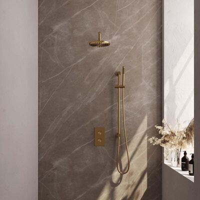 Brauer Gold Edition Thermostatische Regendoucheset Inbouw - Hoofddouche 20 cm - Gebogen Wandarm - 3 Weg - Handdouche Staaf - Doucheslang - Geintegreerde Glijstang - Geborsteld Goud Brauer Gold Edition Thermostatische Regendoucheset Inbouw - Hoofddouche 20 cm - Gebogen Wandarm - 3 Weg - Handdouche Staaf - Doucheslang - Geintegreerde Glijstang - Geborsteld Goud