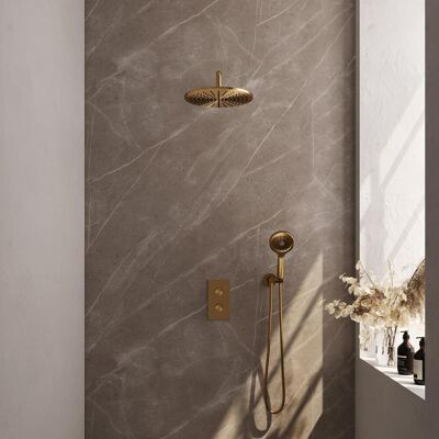 Brauer Gold Edition Thermostatische Regendoucheset Inbouw - Hoofddouche 30 cm - Gebogen Wandarm - 3 Weg - Handdouche 3 Standen - Doucheslang - Wandaansluitbocht - Geborsteld Goud Brauer Gold Edition Thermostatische Regendoucheset Inbouw - Hoofddouche 30 cm - Gebogen Wandarm - 3 Weg - Handdouche 3 Standen - Doucheslang - Wandaansluitbocht - Geborsteld Goud