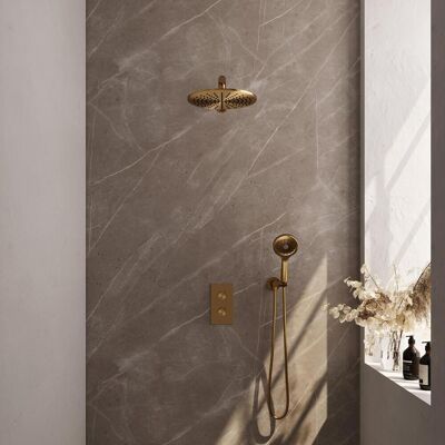 Brauer Gold Edition Thermostatische Regendoucheset Inbouw - Hoofddouche 30 cm - Rechte Wandarm - 3 Weg - Handdouche 3 Standen - Doucheslang - Wandaansluitbocht - Geborsteld Goud Brauer Gold Edition Thermostatische Regendoucheset Inbouw - Hoofddouche 30 cm - Rechte Wandarm - 3 Weg - Handdouche 3 Standen - Doucheslang - Wandaansluitbocht - Geborsteld Goud