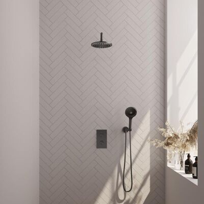 Brauer Gunmetal Carving Thermostatische Regendoucheset Inbouw - Hoofddouche 20 cm - Gebogen Wandarm - 3 Weg - Handdouche 3 Standen - Doucheslang - Wandaansluitbocht - Gunmetal Brauer Gunmetal Carving Thermostatische Regendoucheset Inbouw - Hoofddouche 20 cm - Gebogen Wandarm - 3 Weg - Handdouche 3 Standen - Doucheslang - Wandaansluitbocht - Gunmetal