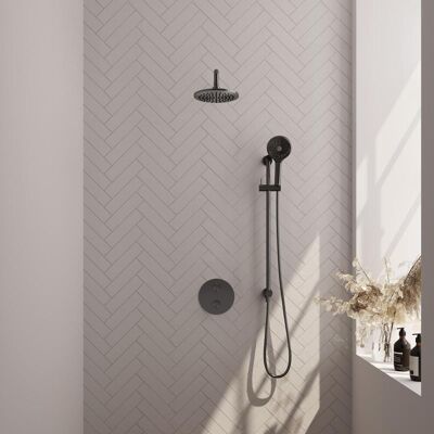 Brauer Gunmetal Carving Thermostatische Regendoucheset Inbouw - Hoofddouche 20 cm - Gebogen Wandarm - 3 Weg - Handdouche Rond 3 Standen - Doucheslang - Geintegreerde Glijstang - Gunmetal Brauer Gunmetal Carving Thermostatische Regendoucheset Inbouw - Hoofddouche 20 cm - Gebogen Wandarm - 3 Weg - Handdouche Rond 3 Standen - Doucheslang - Geintegreerde Glijstang - Gunmetal