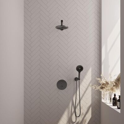 Brauer Gunmetal Carving Thermostatische Regendoucheset Inbouw - Hoofddouche 20 cm - Rechte Wandarm - 3 Weg - Handdouche Rond 3 Standen - Doucheslang - Wandaansluitbocht - Gunmetal Brauer Gunmetal Carving Thermostatische Regendoucheset Inbouw - Hoofddouche 20 cm - Rechte Wandarm - 3 Weg - Handdouche Rond 3 Standen - Doucheslang - Wandaansluitbocht - Gunmetal