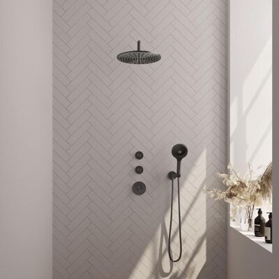 Brauer Gunmetal Carving Thermostatische Regendoucheset Inbouw - Hoofddouche 30 cm - Gebogen Wandarm - Handdouche 3 Standen - Doucheslang - Wandaansluitbocht - Gunmetal Brauer Gunmetal Carving Thermostatische Regendoucheset Inbouw - Hoofddouche 30 cm - Gebogen Wandarm - Handdouche 3 Standen - Doucheslang - Wandaansluitbocht - Gunmetal