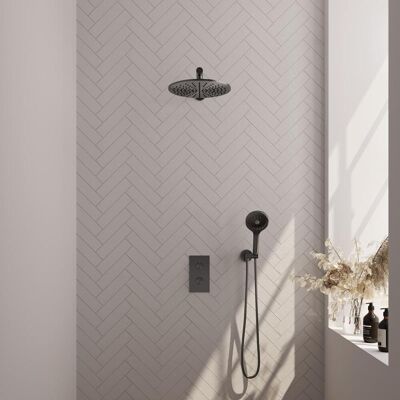 Brauer Gunmetal Carving Thermostatische Regendoucheset Inbouw - Hoofddouche 30 cm - Rechte Wandarm - 3 Weg - Handdouche 3 Standen - Doucheslang - Wandaansluitbocht - Gunmetal Brauer Gunmetal Carving Thermostatische Regendoucheset Inbouw - Hoofddouche 30 cm - Rechte Wandarm - 3 Weg - Handdouche 3 Standen - Doucheslang - Wandaansluitbocht - Gunmetal