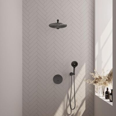 Brauer Gunmetal Carving Thermostatische Regendoucheset Inbouw - Hoofddouche 30 cm - Rechte Wandarm - 3 Weg - Handdouche Rond 3 Standen - Doucheslang - Wandaansluitbocht - Gunmetal Brauer Gunmetal Carving Thermostatische Regendoucheset Inbouw - Hoofddouche 30 cm - Rechte Wandarm - 3 Weg - Handdouche Rond 3 Standen - Doucheslang - Wandaansluitbocht - Gunmetal