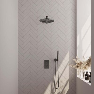 Brauer Gunmetal Carving Thermostatische Regendoucheset Inbouw - Hoofddouche 30 cm - Rechte Wandarm - 3 Weg - Handdouche Staaf - Doucheslang - Wandaansluitbocht - Gunmetal Brauer Gunmetal Carving Thermostatische Regendoucheset Inbouw - Hoofddouche 30 cm - Rechte Wandarm - 3 Weg - Handdouche Staaf - Doucheslang - Wandaansluitbocht - Gunmetal
