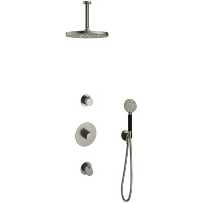 Hotbath Cobber - Inbouw Regendoucheset - Geborsteld Nikkel - 2 Stopkranen - Thermostatisch - Plafondbuis 15 cm - Hoofddouche 300 mm - Ronde Handdouche 3 Standen - Waterbesparend Hotbath Cobber - Inbouw Regendoucheset - Geborsteld Nikkel - 2 Stopkranen - Thermostatisch - Plafondbuis 15 cm - Hoofddouche 300 mm - Ronde Handdouche 3 Standen - Waterbesparend