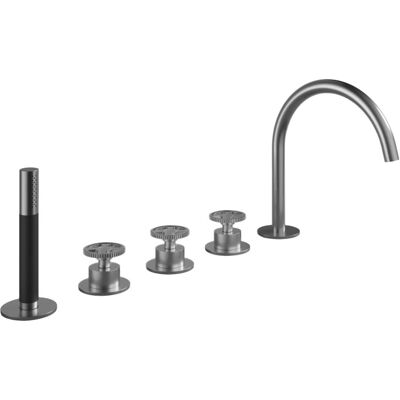 Hotbath Cobber @ Work 5 Gats Badrandcombinatie - 2 Knops Mengkraan met Draaibare Uitloop - Omstel en Handdouche - Geborsteld RVS 316 Hotbath Cobber @ Work 5 Gats Badrandcombinatie - 2 Knops Mengkraan met Draaibare Uitloop - Omstel en Handdouche - Geborsteld RVS 316