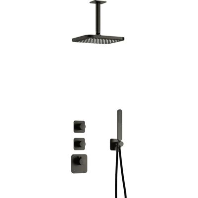 Hotbath Gal - Inbouw Regendoucheset - Geborsteld Gunmetal PVD - 2 Stopkranen - Thermostatisch - Plafondbuis 15 cm - Hoofddouche 220 mm - Staafhanddouche - V01 Hotbath Gal - Inbouw Regendoucheset - Geborsteld Gunmetal PVD - 2 Stopkranen - Thermostatisch - Plafondbuis 15 cm - Hoofddouche 220 mm - Staafhanddouche - V01