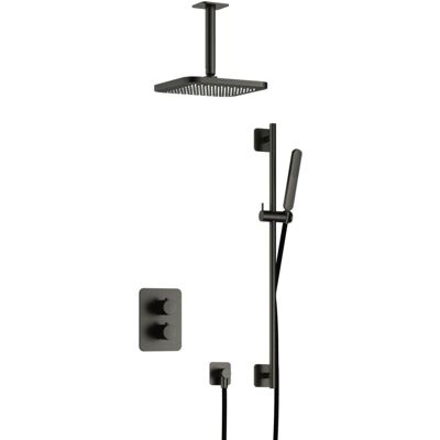 Hotbath Gal - Inbouw Regendoucheset - Geborsteld Gunmetal PVD - Thermostatisch - Plafondbuis 15 cm - Hoofddouche 220 mm - Staafhanddouche - Glijstang 900 mm - met 2-Weg Stop-Omstel Hotbath Gal - Inbouw Regendoucheset - Geborsteld Gunmetal PVD - Thermostatisch - Plafondbuis 15 cm - Hoofddouche 220 mm - Staafhanddouche - Glijstang 900 mm - met 2-Weg Stop-Omstel