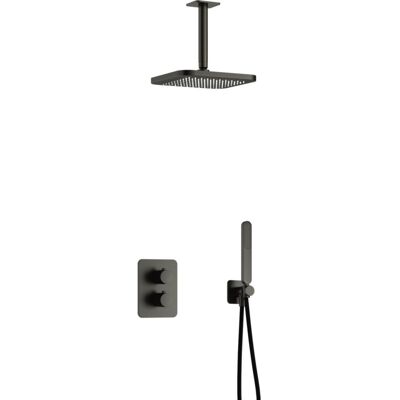 Hotbath Gal - Inbouw Regendoucheset - Geborsteld Gunmetal PVD - Thermostatisch - Plafondbuis 15 cm - Hoofddouche 220 mm - Staafhanddouche - met 2-Weg Stop-Omstel Hotbath Gal - Inbouw Regendoucheset - Geborsteld Gunmetal PVD - Thermostatisch - Plafondbuis 15 cm - Hoofddouche 220 mm - Staafhanddouche - met 2-Weg Stop-Omstel