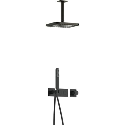 Hotbath Gal - Inbouw Regendoucheset - Geborsteld Gunmetal PVD - Thermostatisch - Plafondbuis 15 cm - Hoofddouche 220 mm - Staafhanddouche Hotbath Gal - Inbouw Regendoucheset - Geborsteld Gunmetal PVD - Thermostatisch - Plafondbuis 15 cm - Hoofddouche 220 mm - Staafhanddouche
