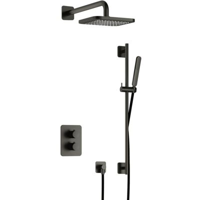 Hotbath Gal - Inbouw Regendoucheset - Geborsteld Gunmetal PVD - Thermostatisch - Wandarm 35 cm - Hoofddouche 220 mm - Staafhanddouche - Glijstang 900 mm - met 2-Weg Stop-Omstel Hotbath Gal - Inbouw Regendoucheset - Geborsteld Gunmetal PVD - Thermostatisch - Wandarm 35 cm - Hoofddouche 220 mm - Staafhanddouche - Glijstang 900 mm - met 2-Weg Stop-Omstel