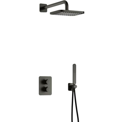 Hotbath Gal - Inbouw Regendoucheset - Geborsteld Gunmetal PVD - Thermostatisch - Wandarm 35 cm - Hoofddouche 220 mm - Staafhanddouche - met 2-Weg Stop-Omstel Hotbath Gal - Inbouw Regendoucheset - Geborsteld Gunmetal PVD - Thermostatisch - Wandarm 35 cm - Hoofddouche 220 mm - Staafhanddouche - met 2-Weg Stop-Omstel