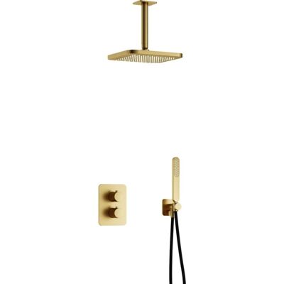 Hotbath Gal - Inbouw Regendoucheset - Geborsteld Messing PVD - Thermostatisch - Plafondbuis 15 cm - Hoofddouche 220 mm - Staafhanddouche - met 2-Weg Stop-Omstel Hotbath Gal - Inbouw Regendoucheset - Geborsteld Messing PVD - Thermostatisch - Plafondbuis 15 cm - Hoofddouche 220 mm - Staafhanddouche - met 2-Weg Stop-Omstel
