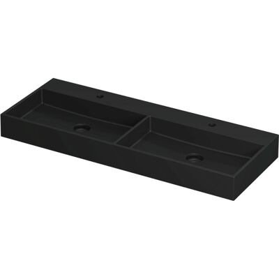 INK United Wastafel Porselein Dubbel met 2 Kraangaten incl. Porseleinen Click Plug en Verborgen Overloop Systeem - 1200x450x110 mm - Mat Zwart INK United Wastafel Porselein Dubbel met 2 Kraangaten incl. Porseleinen Click Plug en Verborgen Overloop Systeem - 1200x450x110 mm - Mat Zwart