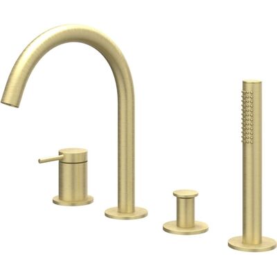 IVY Bond Badrandcombinatie 4-Gats Mengkraan met Draaibare Uitloop en Uittrekbare Handdouche - Geborsteld Mat Goud PVD IVY Bond Badrandcombinatie 4-Gats Mengkraan met Draaibare Uitloop en Uittrekbare Handdouche - Geborsteld Mat Goud PVD