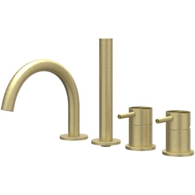 IVY Concord Badrandcombinatie 4-Gats Mengkraan met Draaibare Uitloop en Uittrekbare Handdouche - Geborsteld RVS 316 Mat Goud PVD IVY Concord Badrandcombinatie 4-Gats Mengkraan met Draaibare Uitloop en Uittrekbare Handdouche - Geborsteld RVS 316 Mat Goud PVD