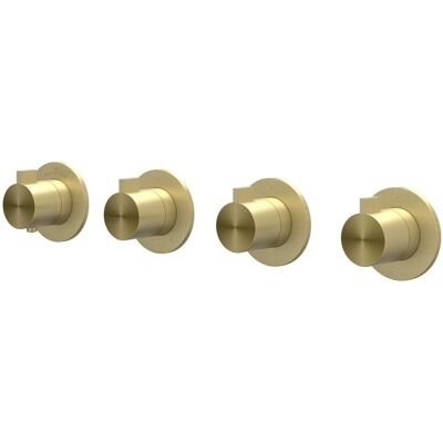 IVY Tribe Afbouwdeel Inbouwthermostaat met 3 Stopkranen Symmetry met Ronde Rozetten - RVS 316 Geborsteld Mat Goud PVD IVY Tribe Afbouwdeel Inbouwthermostaat met 3 Stopkranen Symmetry met Ronde Rozetten - RVS 316 Geborsteld Mat Goud PVD
