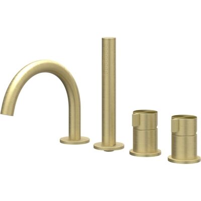 IVY Tribe Badrandcombinatie 4-Gats Mengkraan met Draaibare Uitloop en Uittrekbare Handdouche - Geborsteld RVS 316 Mat Goud PVD IVY Tribe Badrandcombinatie 4-Gats Mengkraan met Draaibare Uitloop en Uittrekbare Handdouche - Geborsteld RVS 316 Mat Goud PVD