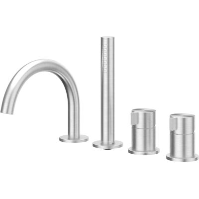 IVY Tribe Badrandcombinatie 4-Gats Mengkraan met Draaibare Uitloop en Uittrekbare Handdouche - Geborsteld RVS 316 IVY Tribe Badrandcombinatie 4-Gats Mengkraan met Draaibare Uitloop en Uittrekbare Handdouche - Geborsteld RVS 316
