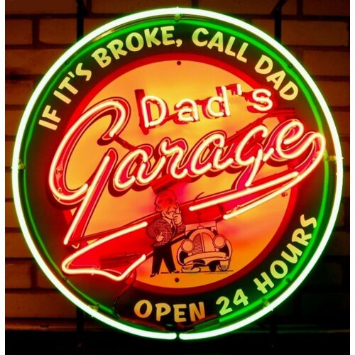 Bennies Fifties Dad&apos;s Garage Open 24 Hours Neon Verlichting Met Achterplaat 65 x 65 cm