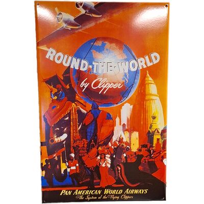 Fiftiesstore Round The World by Clipper Pan-Am Vintage Reclame Emaille Bord - 65 x 42cm Fiftiesstore Round The World by Clipper Pan-Am Vintage Reclame Emaille Bord - 65 x 42cm