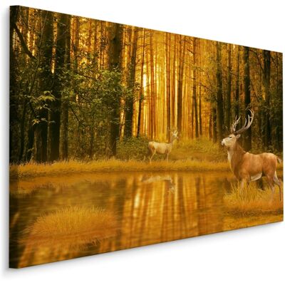 Karo-art Schilderij - Herten bij een Meer in het Bos, premium Print 70x50cm Karo-art Schilderij - Herten bij een Meer in het Bos, premium Print 70x50cm