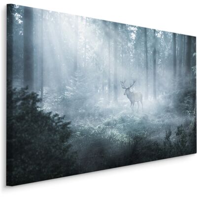 Karo-art Schilderij - Hert in een donker Bos, Mist, premium Print 100x70cm Karo-art Schilderij - Hert in een donker Bos, Mist, premium Print 100x70cm