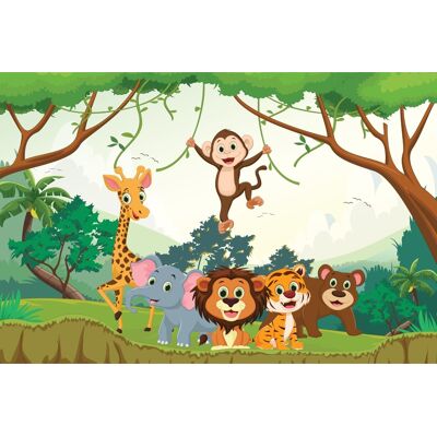 Karo-art Fotobehang - Blije dieren in de Jungle, Kinderkamer, te koop in 11 maten, inclusief behanglijm 405 x 270 cmcm Karo-art Fotobehang - Blije dieren in de Jungle, Kinderkamer, te koop in 11 maten, inclusief behanglijm 405 x 270 cmcm