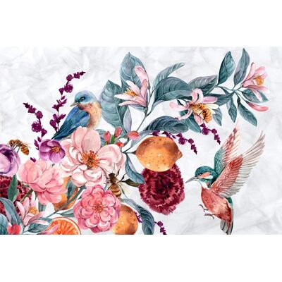 Karo-art Fotobehang - Waterverf vogel tussen kleurrijke bloemen, 11 maten, Inclusief behanglijm, prachtig op de muur 208x146cm Karo-art Fotobehang - Waterverf vogel tussen kleurrijke bloemen, 11 maten, Inclusief behanglijm, prachtig op de muur 208x146cm