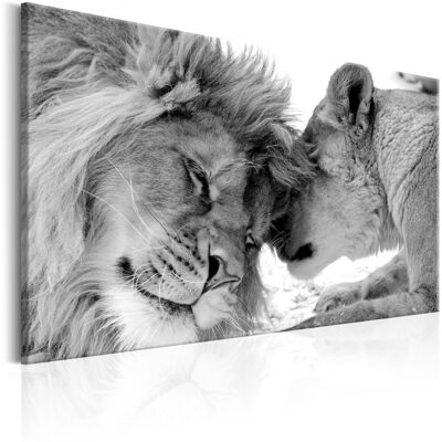 Karo-art Schilderij - Leeuwen liefde in zwart wit, Dieren, print op echt Italiaans canvas, Prachtig aan de muur, eyecatcher, wanddecoratie 120x80cm Karo-art Schilderij - Leeuwen liefde in zwart wit, Dieren, print op echt Italiaans canvas, Prachtig aan de muur, eyecatcher, wanddecoratie 120x80cm