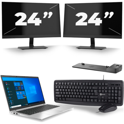 HP EliteBook 845 G7 - AMD Ryzen 3 Pro 4450U - 14 inch - 8GB RAM - 256GB SSD - Windows 10 Home + 2x 24 inch Monitor HP EliteBook 845 G7 - AMD Ryzen 3 Pro 4450U - 14 inch - 8GB RAM - 256GB SSD - Windows 10 Home + 2x 24 inch Monitor