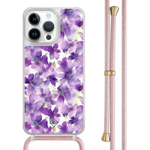 Casimoda iPhone 14 Pro Max hoesje met rosegoud koord - Floral violet