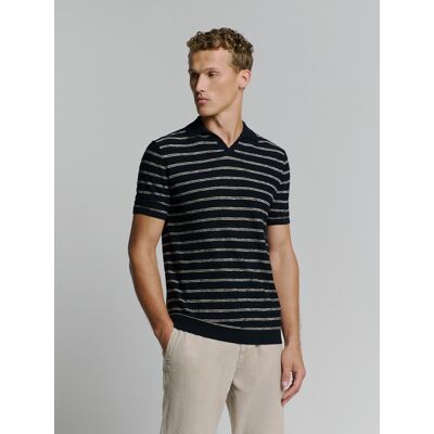 No Excess Pullover Short Sleeve Polo V Stripes With Linen Navy XL No Excess Pullover Short Sleeve Polo V Stripes With Linen Navy XL