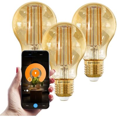 HOFTRONIC Set van 3 Smart E27 LED Filament Lamp - 7 Watt 806 lumen - A60 Amberkleurig glas - 1800-3000K Dimbaar HOFTRONIC Set van 3 Smart E27 LED Filament Lamp - 7 Watt 806 lumen - A60 Amberkleurig glas - 1800-3000K Dimbaar