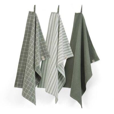 Walra Keuken- en Theedoekenset Dry with Cubes Uni, Stripes & Blocks Legergroen Walra Keuken- en Theedoekenset Dry with Cubes Uni, Stripes & Blocks Legergroen