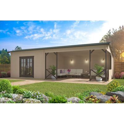 Tuindeco Mokka blokhut 400x400 cm + overkapping 500 cm 40 mm vuren grijs geïmpregneerd Tuindeco Mokka blokhut 400x400 cm + overkapping 500 cm 40 mm vuren grijs geïmpregneerd