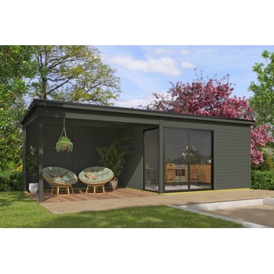 Outdoor Life Olivia Tuinhuis 385x295 cm met overkapping 360 cm 28 mm vuren Green Grey gecoat Outdoor Life Olivia Tuinhuis 385x295 cm met overkapping 360 cm 28 mm vuren Green Grey gecoat