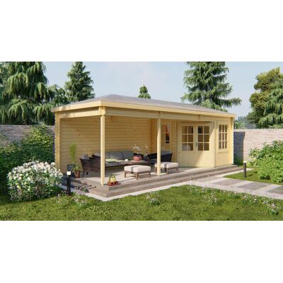 Tuindeco Bertil blokhut 300x300 cm + overkapping 500 cm 44 mm vuren groen geïmpregneerd Tuindeco Bertil blokhut 300x300 cm + overkapping 500 cm 44 mm vuren groen geïmpregneerd