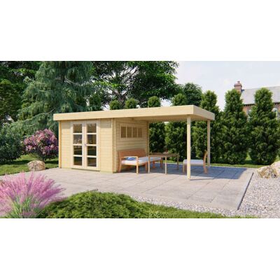 Tuindeco Dellinger blokhut 300x300 cm + overkapping 300 cm 28 mm vuren grijs geïmpregneerd Tuindeco Dellinger blokhut 300x300 cm + overkapping 300 cm 28 mm vuren grijs geïmpregneerd