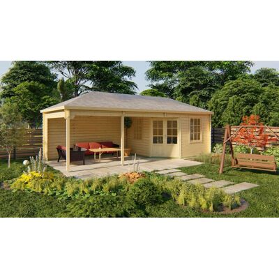 Tuindeco Paiva blokhut 350x350 cm + overkapping 450 cm 44 mm vuren red class wood geïmpregneerd Tuindeco Paiva blokhut 350x350 cm + overkapping 450 cm 44 mm vuren red class wood geïmpregneerd