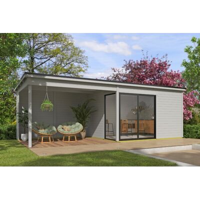 Outdoor Life Olivia Tuinhuis 385x295 cm met overkapping 360 cm 28 mm vuren Platinum Grey gecoat Outdoor Life Olivia Tuinhuis 385x295 cm met overkapping 360 cm 28 mm vuren Platinum Grey gecoat