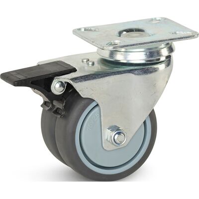 Meso Dubbel zwenkwiel TP-rubber met rem 75mm - 150kg draagvermogen Meso Dubbel zwenkwiel TP-rubber met rem 75mm - 150kg draagvermogen