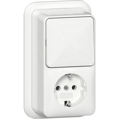 Gira System 55 combinatie WCD/wissel RA opbouw verticaal met montageplaat en adapter K/P25 Glanzend wit Gira System 55 combinatie WCD/wissel RA opbouw verticaal met montageplaat en adapter K/P25 Glanzend wit