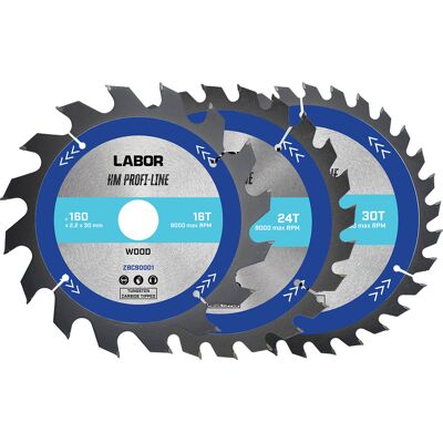 Labor HM cirkelzaagblad hout 160x30x2,2mm - 16,24,30T (3 Stuks) Labor HM cirkelzaagblad hout 160x30x2,2mm - 16,24,30T (3 Stuks)