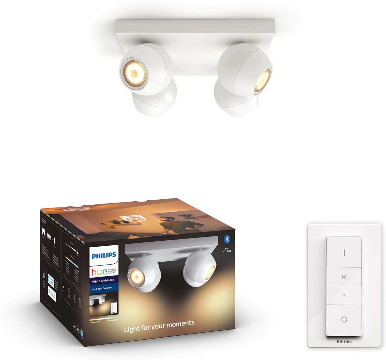 Philips Hue Buckram opbouwspot - White Ambiance - 4-spots wit (incl. DIM switch)