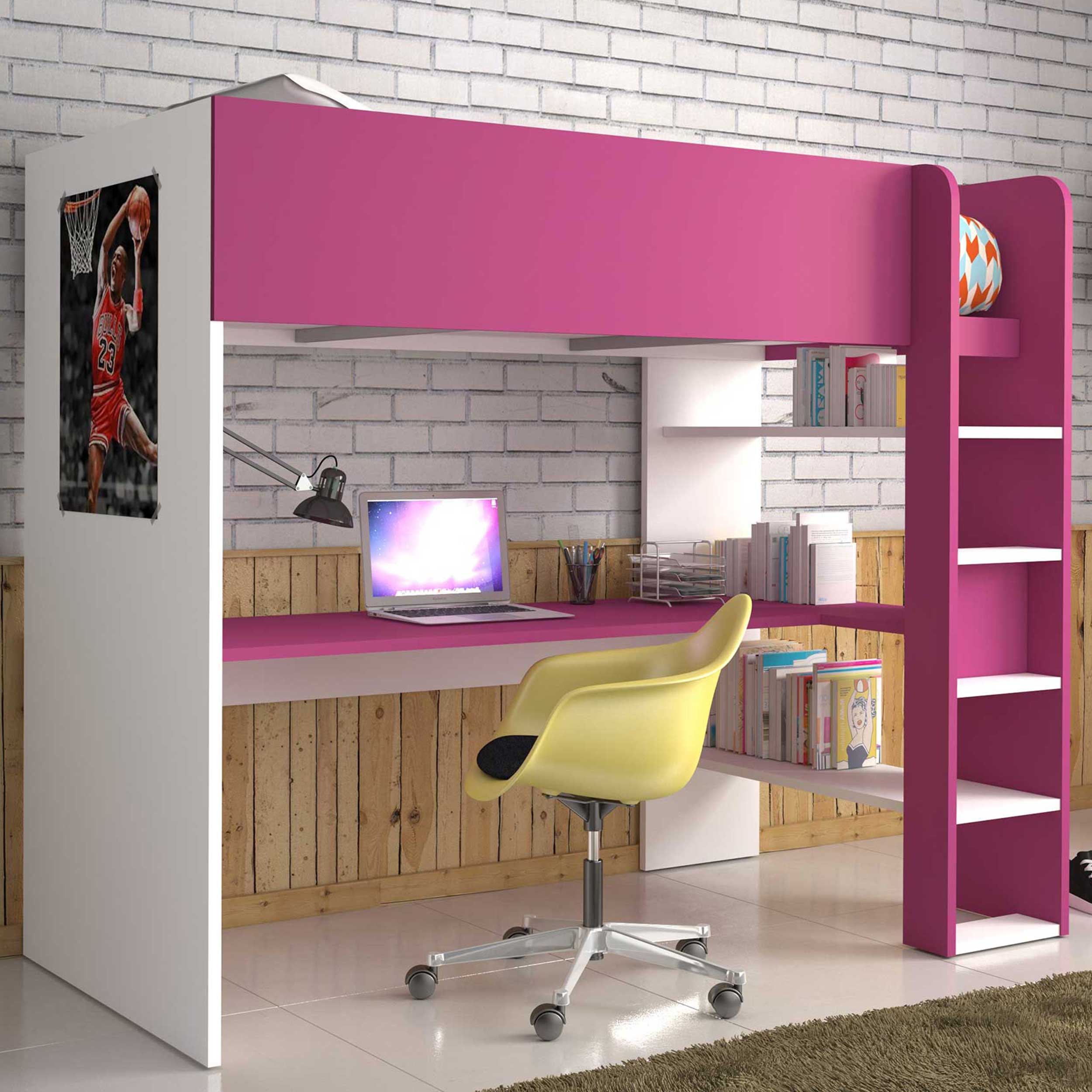 Trasman Hoogslaper Beau met bureau - wit/fuchsia