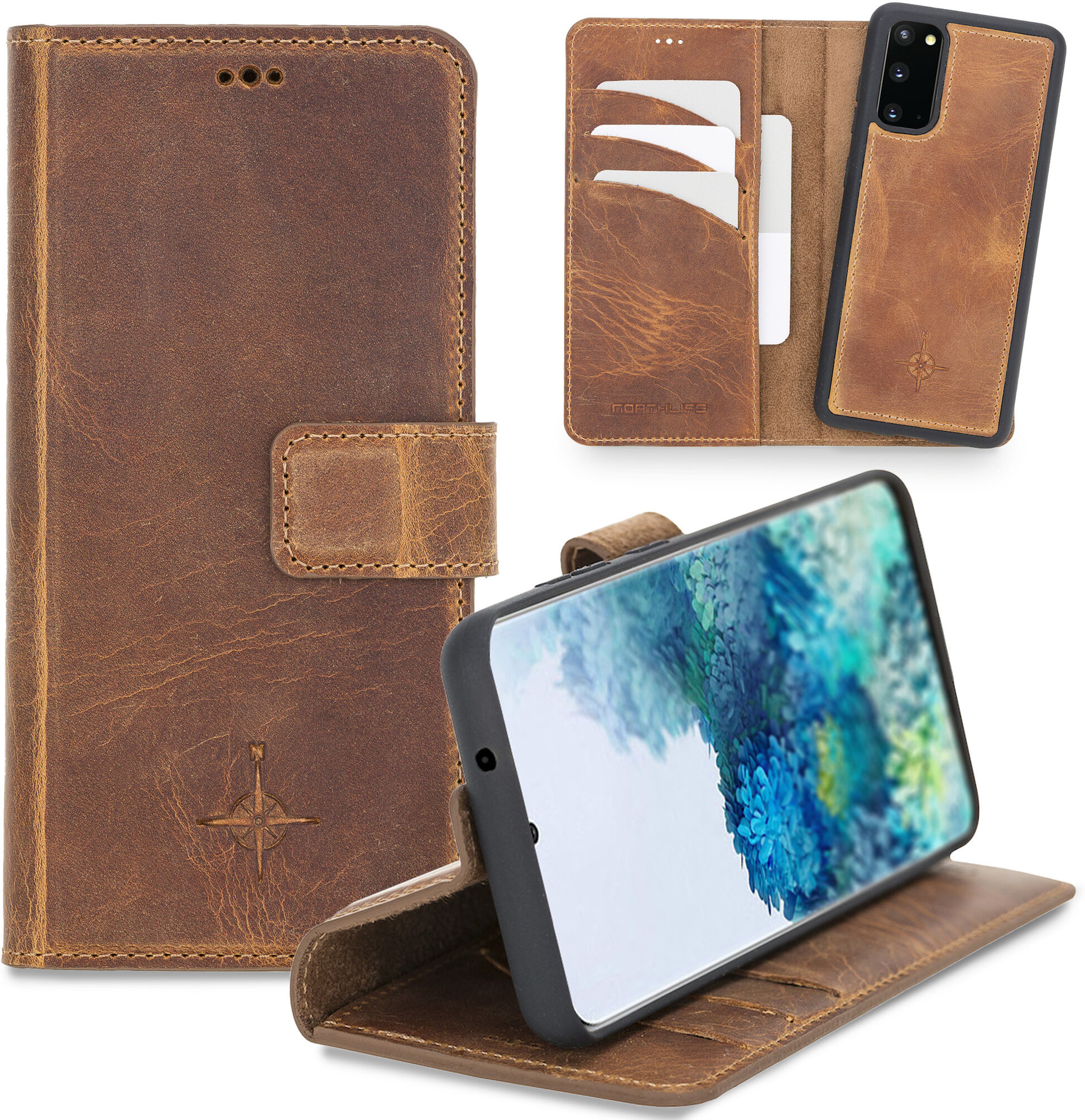 NorthLife Echt lederen uitneembare 2-in-1 (RFID) bookcase hoes Villa Cruoninga Cognac voor de Samsung Galaxy S20